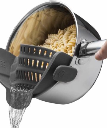 Kitchen Gizmo Snap N Strain Pot Strainer and Pasta Strainer - Adjustable Silicone Clip On Strainer for Pots, Pans, and Bowls - Kitchen Colander - Gray