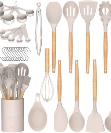 Umite Chef Kitchen Cooking Utensils Set, 33 pcs Non-Stick Silicone Cooking Kitchen Utensils Spatula Set with Holder, Wooden Handle Silicone Kitchen Gadgets Utensil Set (Khaki)