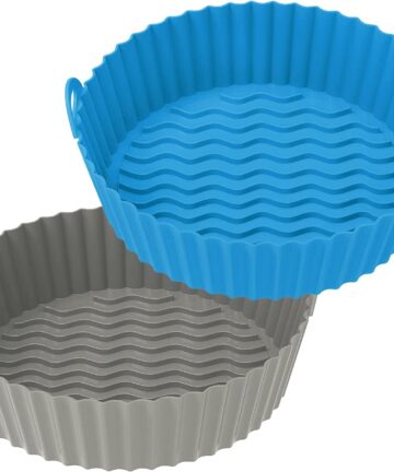 OUTXE 2 Pack Air Fryer Silicone Baking Tray 7.5inch for 3 to 5 Qt Reusable Air Fryer Round Silicone Insert for Air Fryer Easy Cleaning Silicone Pot for Oven Accessories (Blue+Grey)