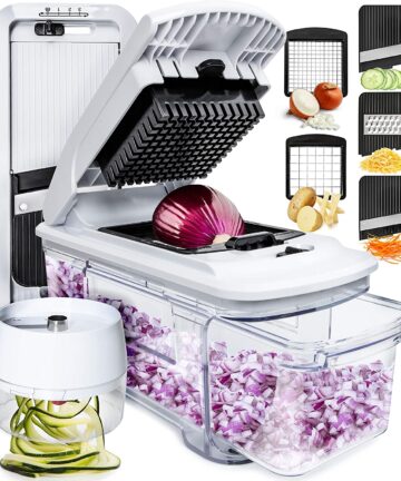 Fullstar All-in-1 Vegetable Chopper, Mandoline Slicer & Cheese Grater | Multi Blade French Fry Cutter & Veggie Dicer | Includes Bonus Handheld Spiralizer & Kitchen Gadgets